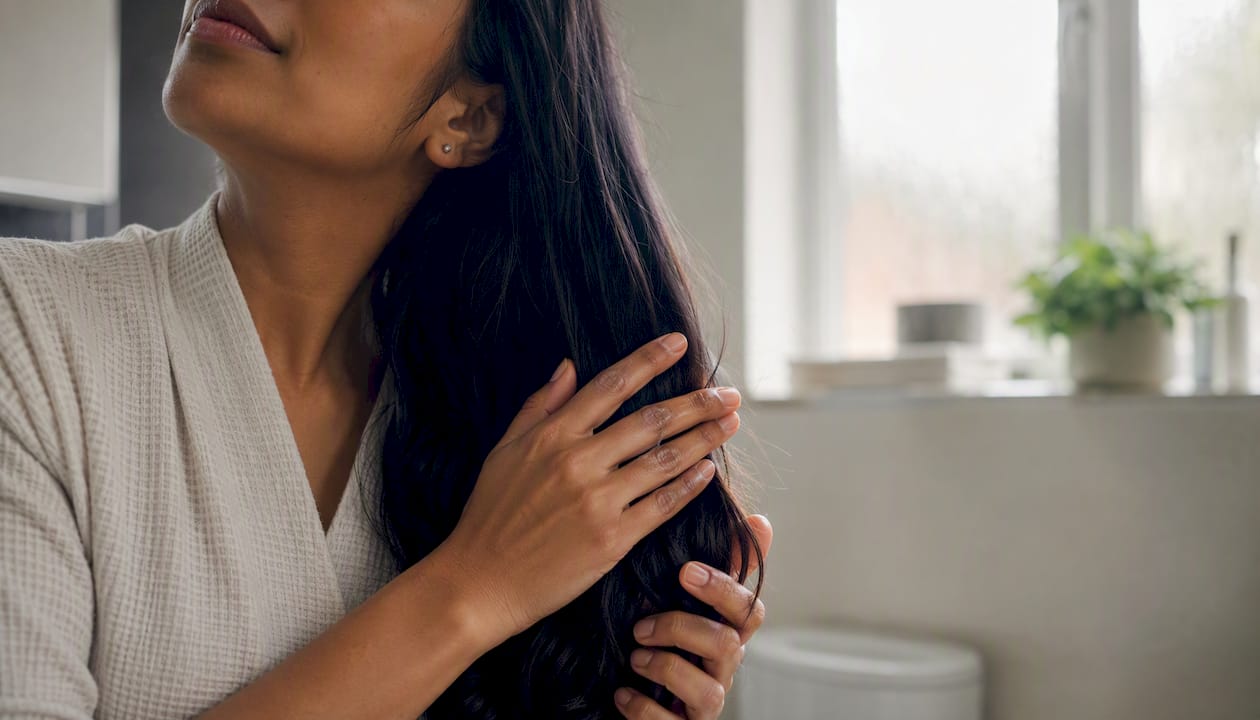 Hands applying oil to hair strands