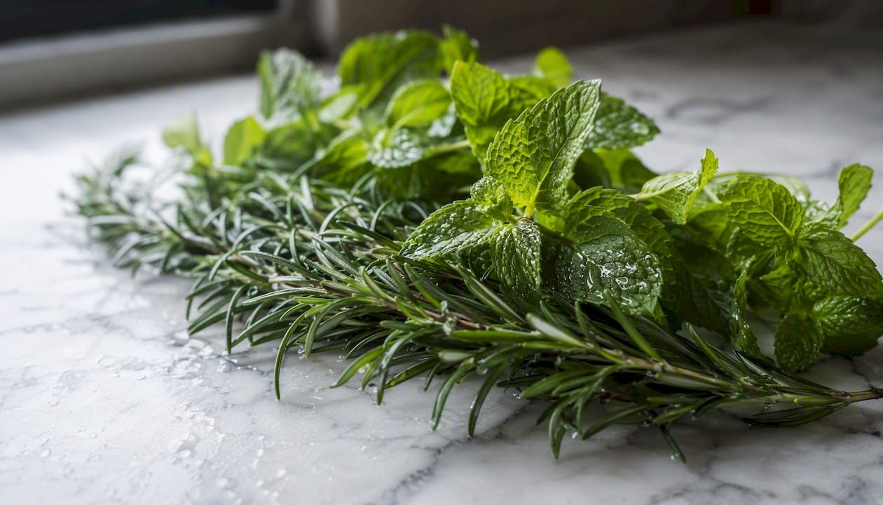 Close-up of fresh rosemary and peppermint herbs