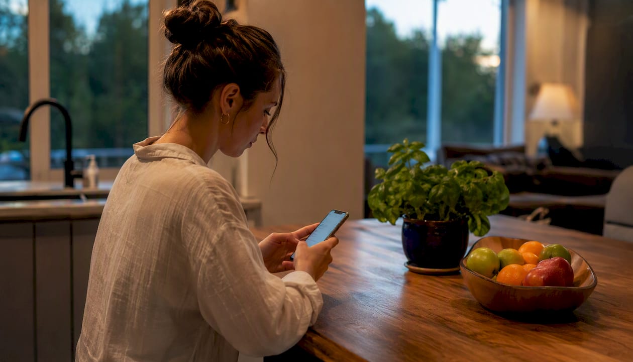 Hands texting on smartphone in kitchen