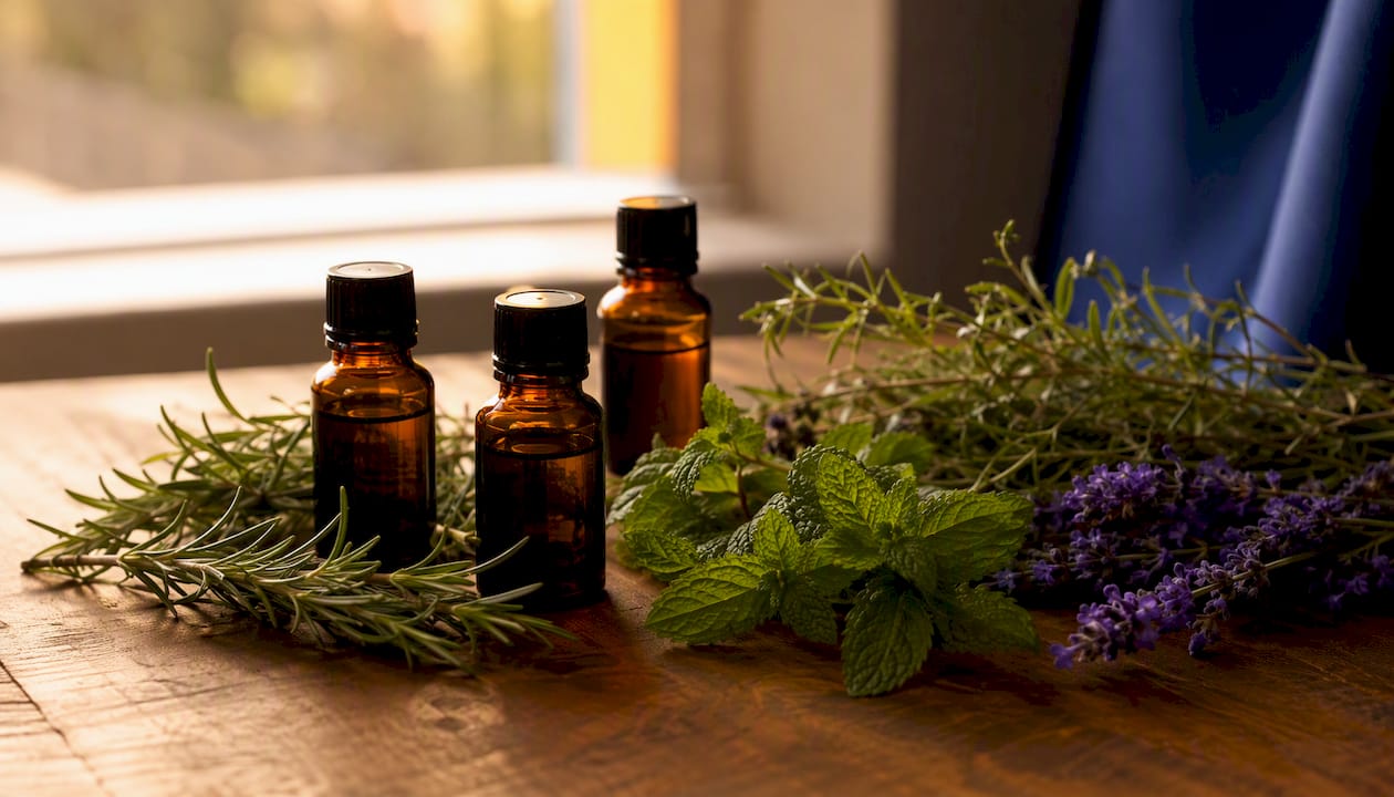 Four essential oil bottles with corresponding fresh herbs