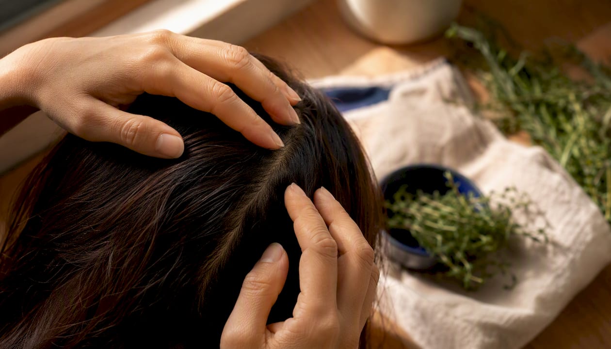 Hands parting hair on healthy scalp