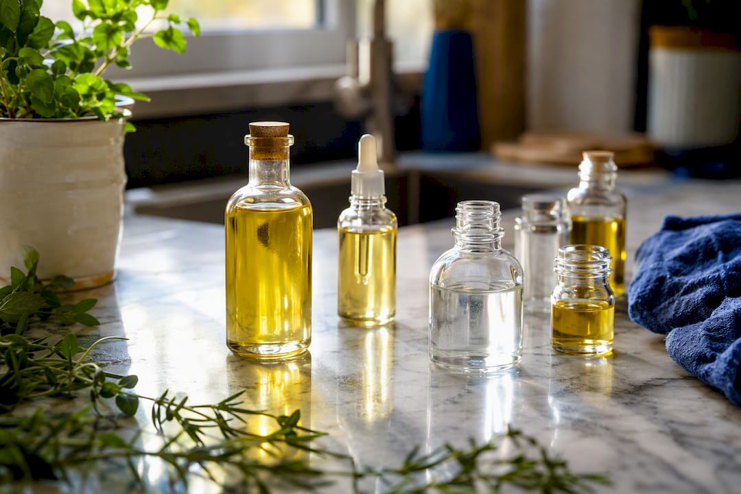 Glass bottles with lightweight hair oils on wood
