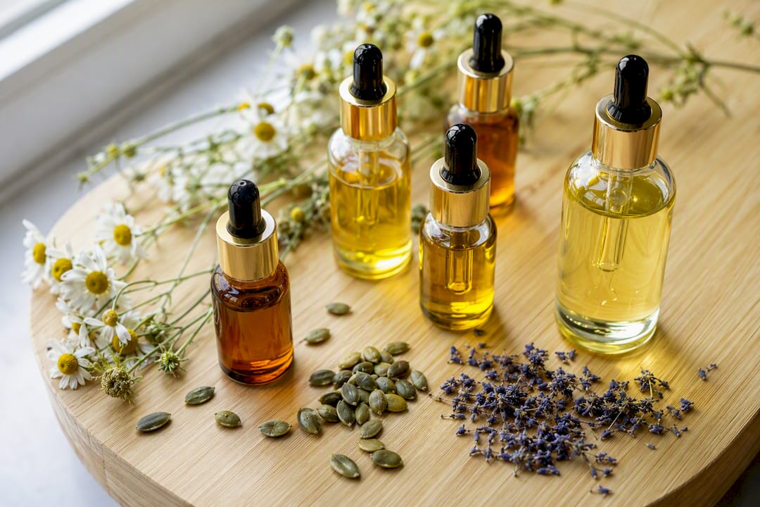 Various botanical facial oils and botanicals overhead