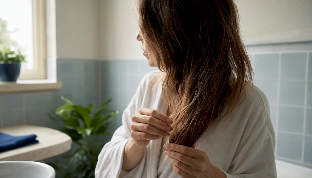 Applying hair oil lightly to dry fine hair ends