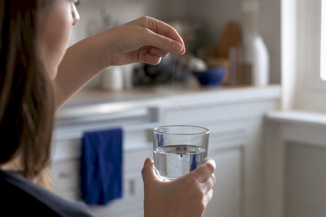 Hair strand being tested in a glass of water