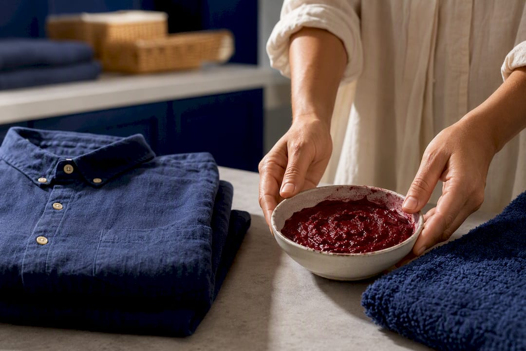 Red hibiscus mask beside protective towel