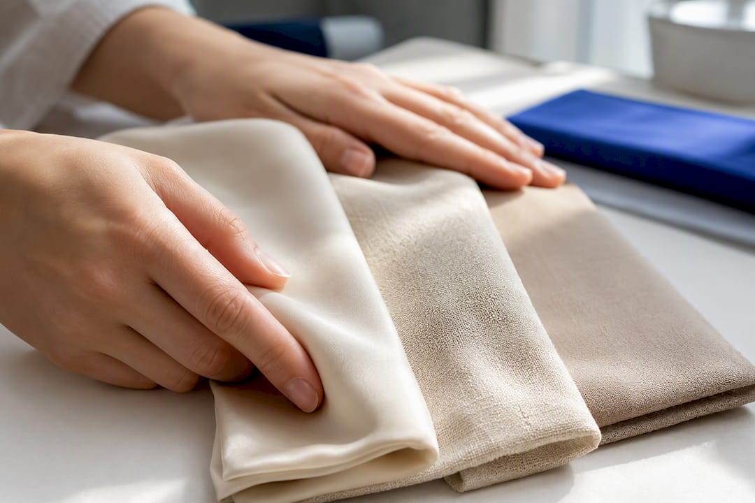 Hands comparing smooth breathable fabric swatches