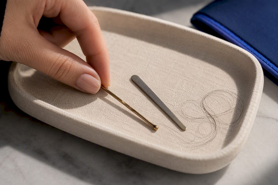 Rounded hijab pins beside loose hair strands