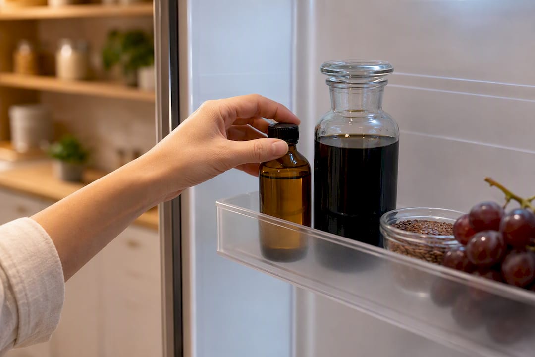 Plant oil stored in a cool dark container