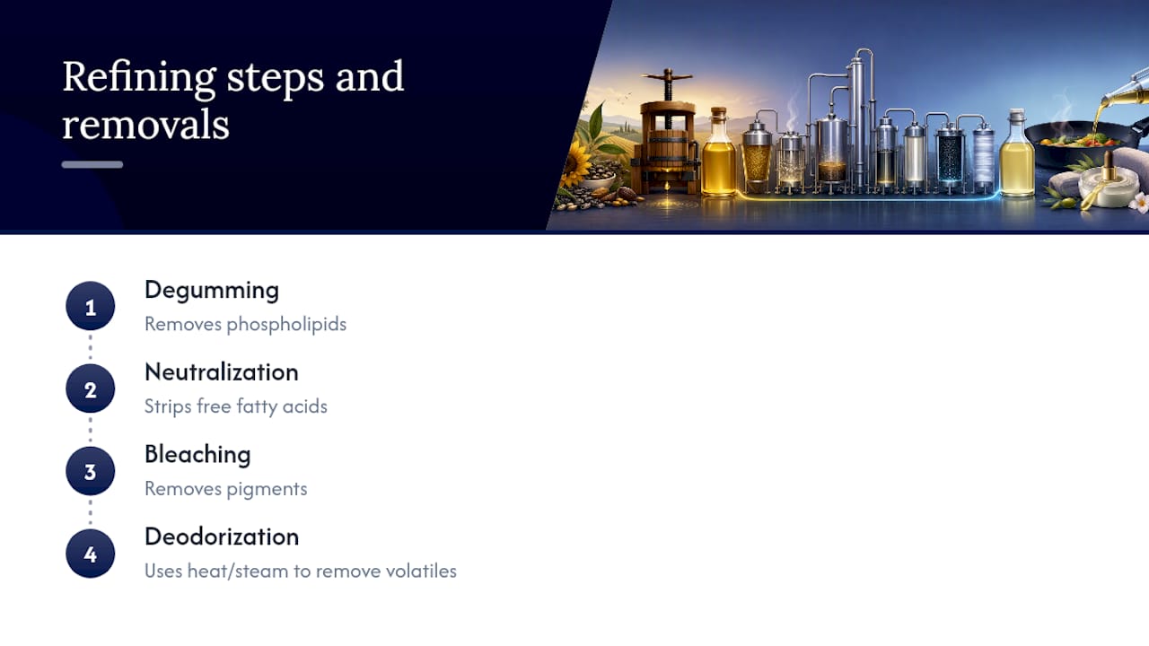 Four stages of refined oil processing