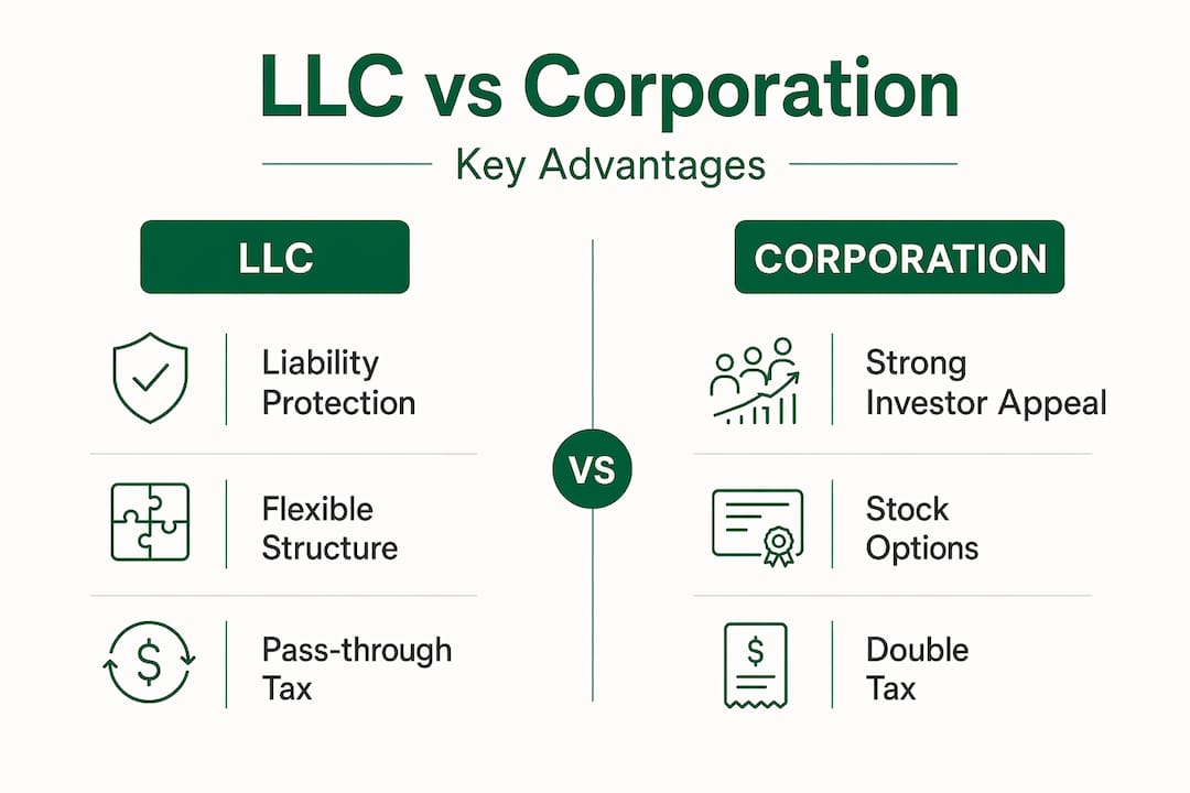 Infographic comparing LLC and corporation benefits