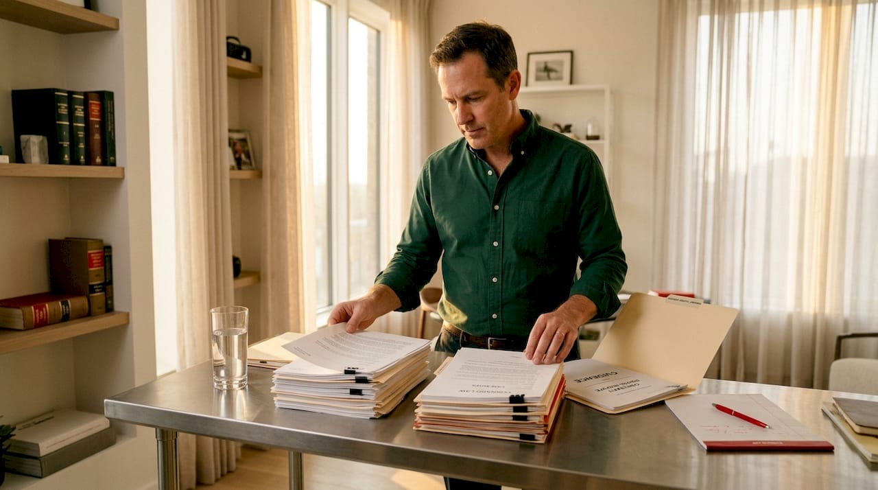 Man sorting contract dispute evidence paperwork