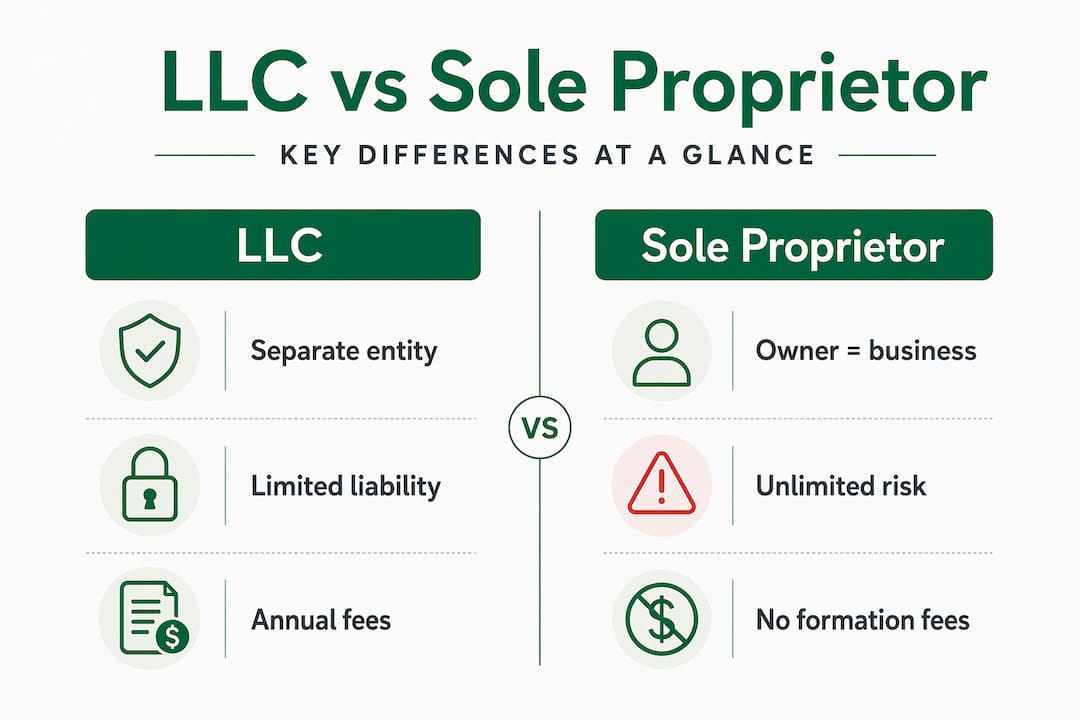 Infographic comparing LLC and sole proprietorship features