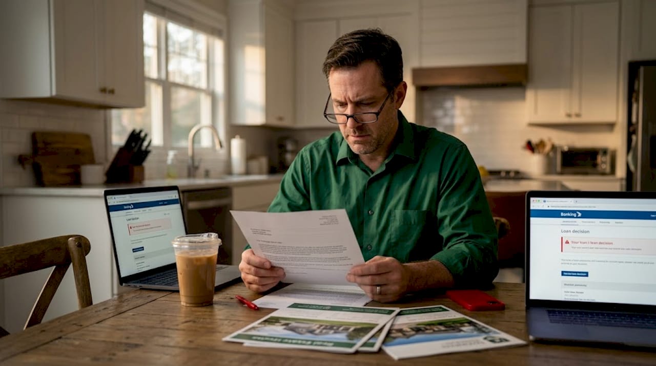 Concerned buyer reading mortgage denial letter