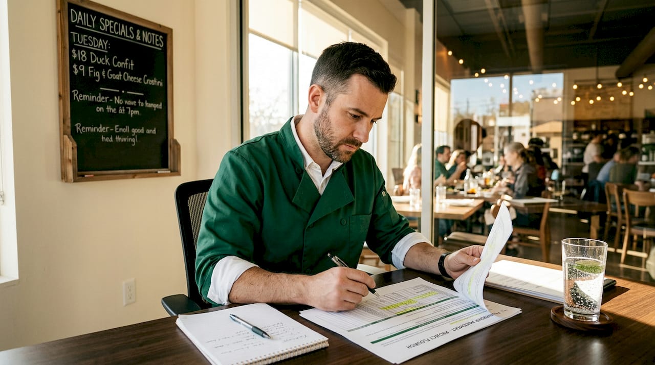 Restaurant owner reviewing partnership documents in office