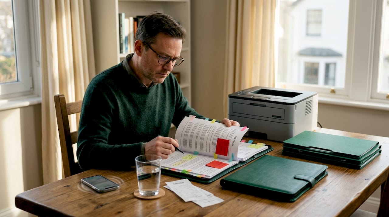 Owner reviewing problematic contract at home