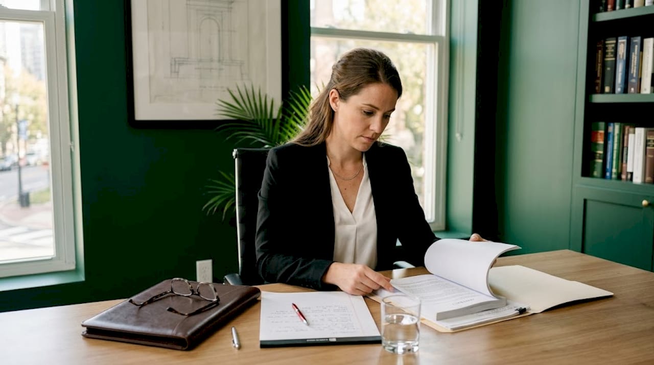 Lawyer reading through contract at desk