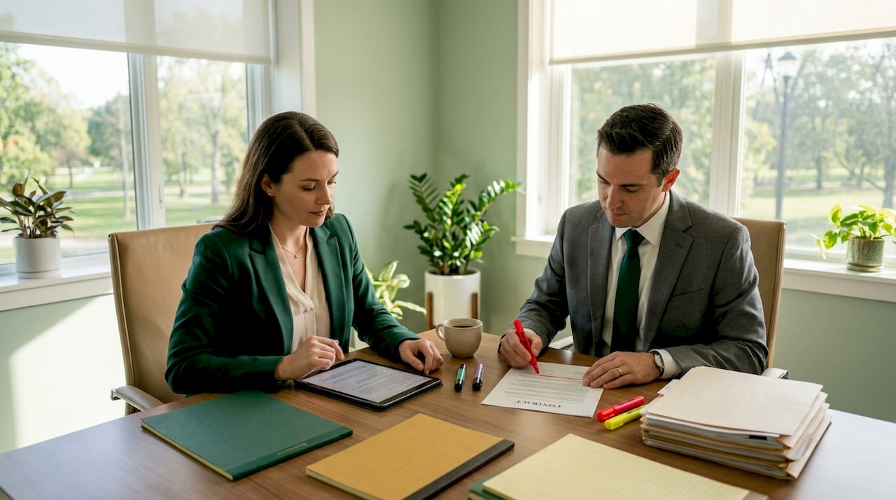 Businesspeople discussing litigation damages in boardroom