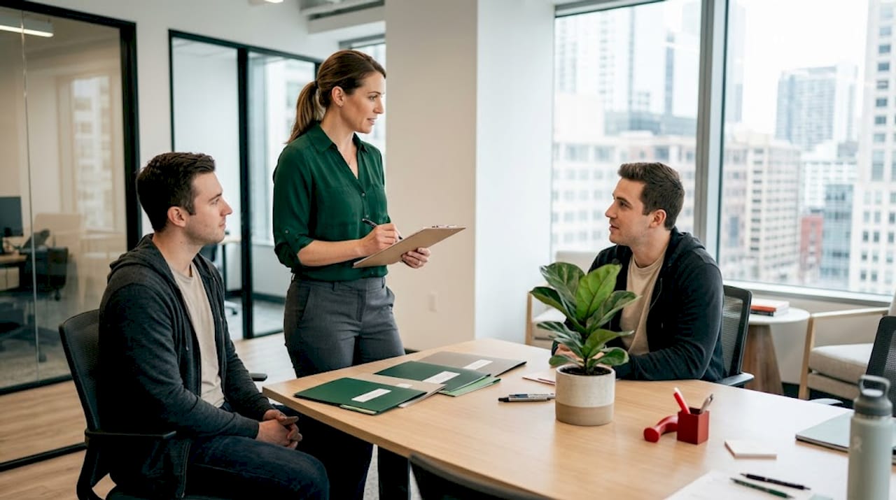 Property manager and tenant discuss real estate dispute