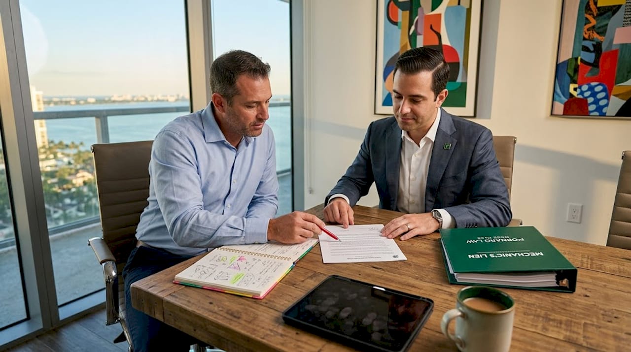 Contractor and lawyer examining payment dispute papers