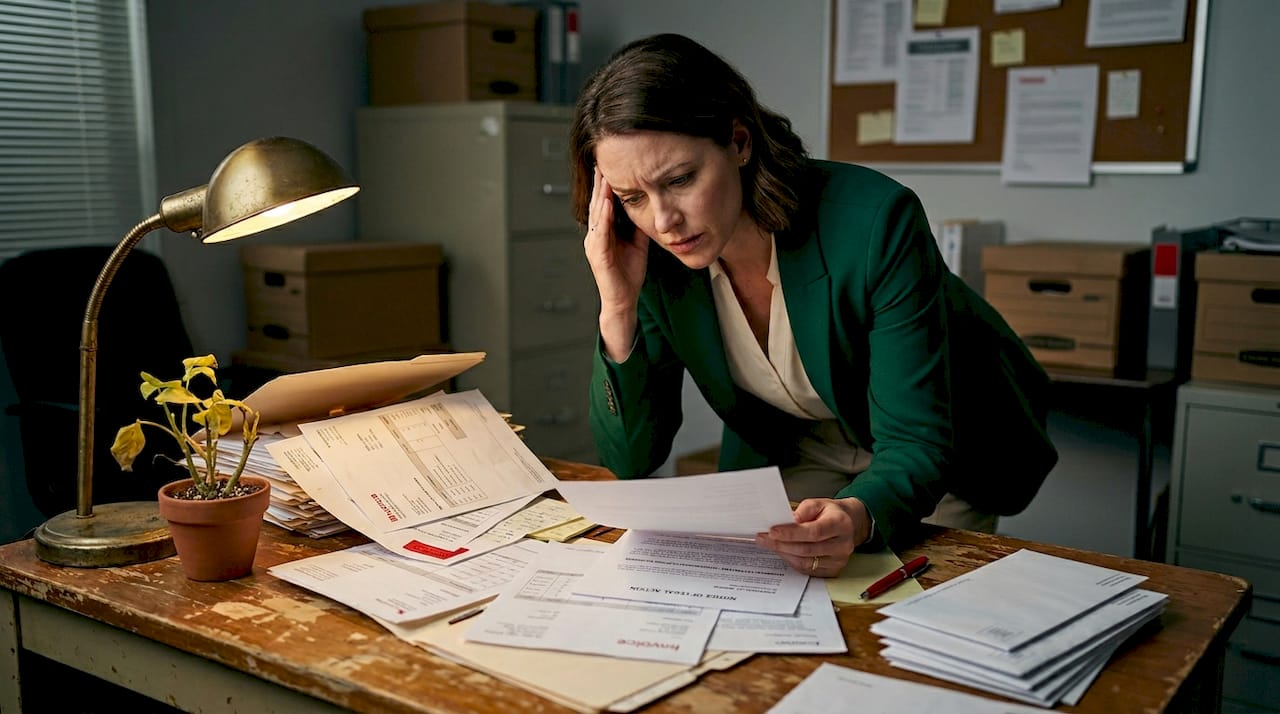 Small business owner reading legal letter in office