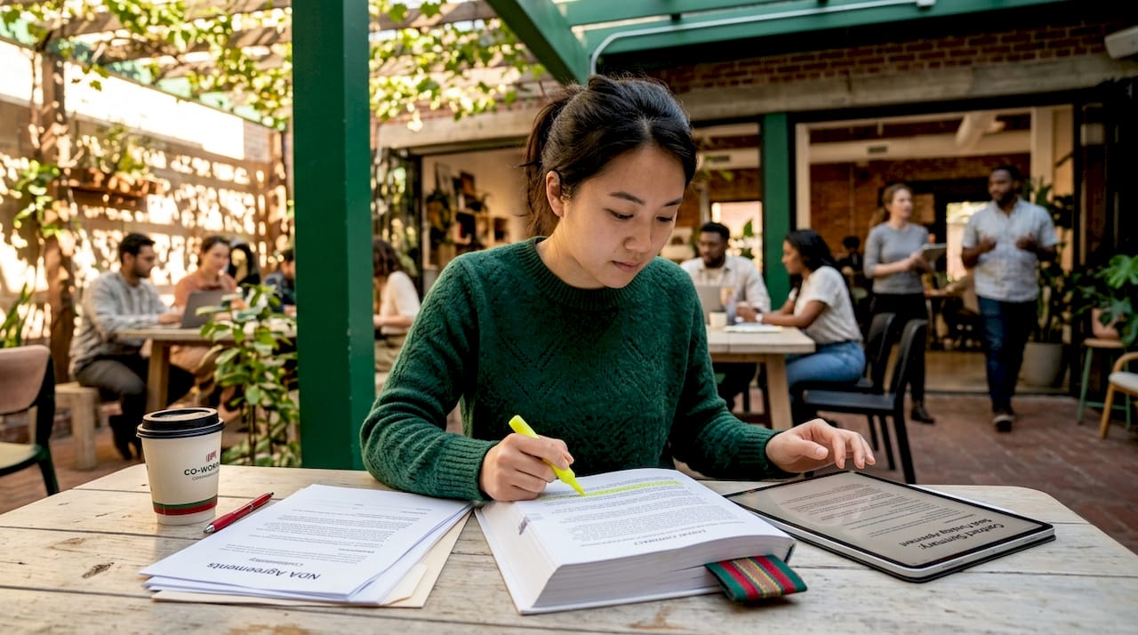Startup founder reviewing contract details with laptop