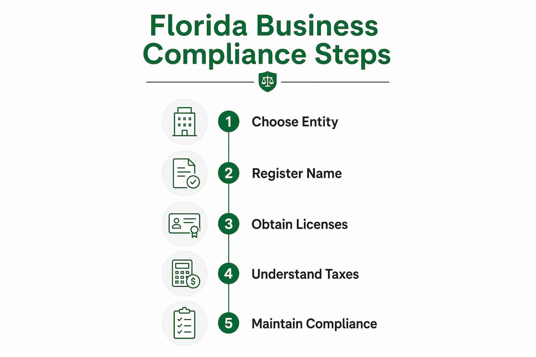 Infographic showing key Florida business compliance steps