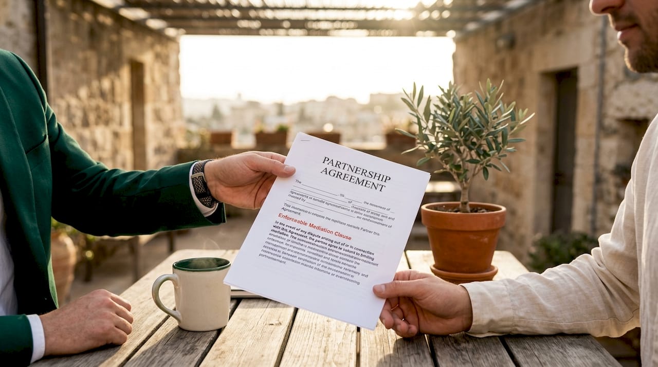 Hands exchanging partnership agreement document