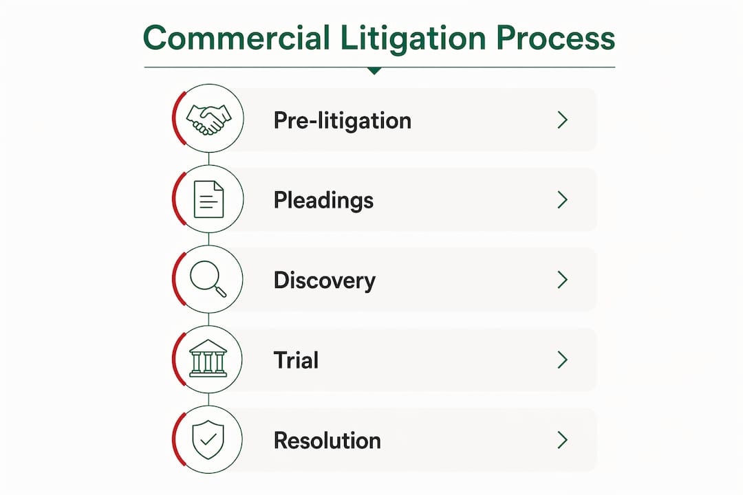 Infographic illustrating commercial litigation stages