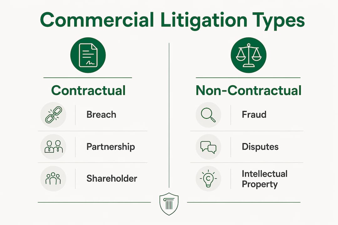 Infographic showing common types of commercial litigation cases