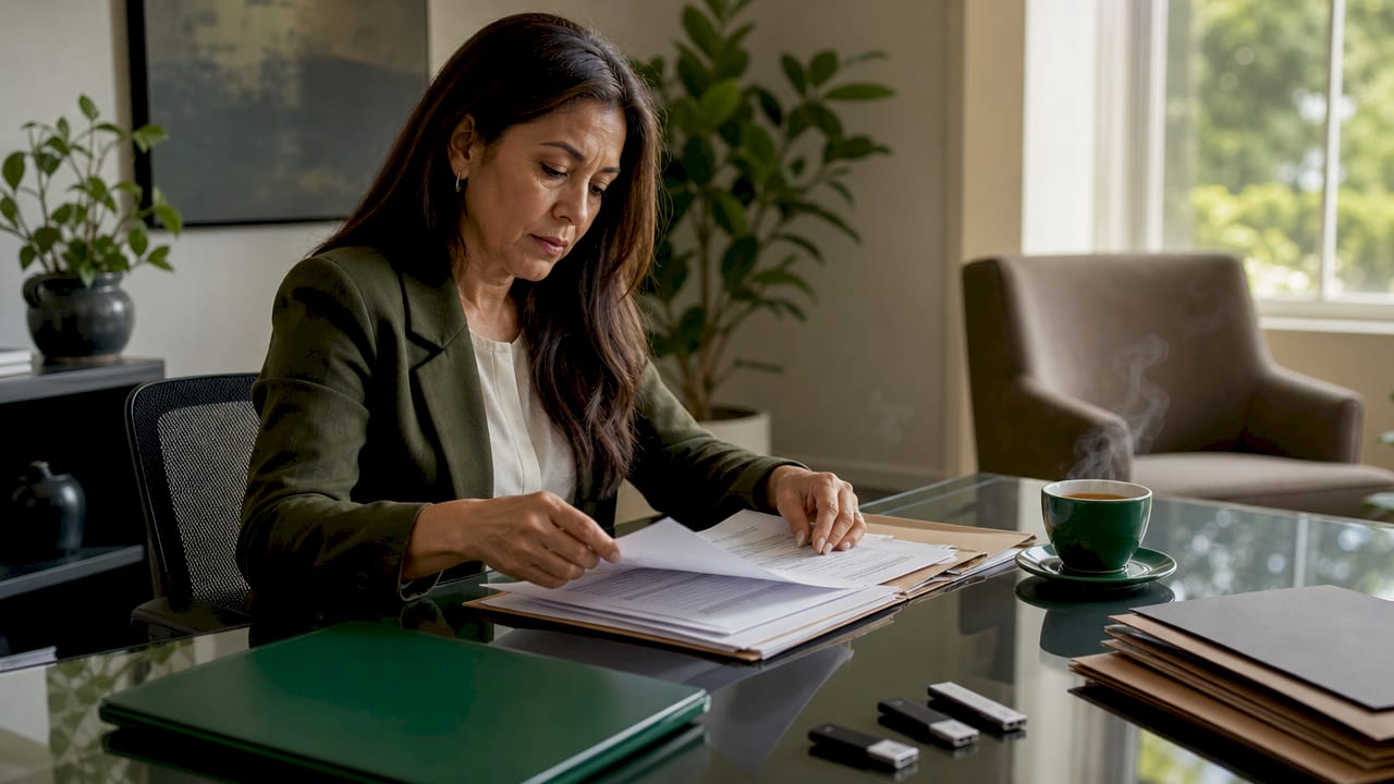 Hands organizing digital evidence documents on desk