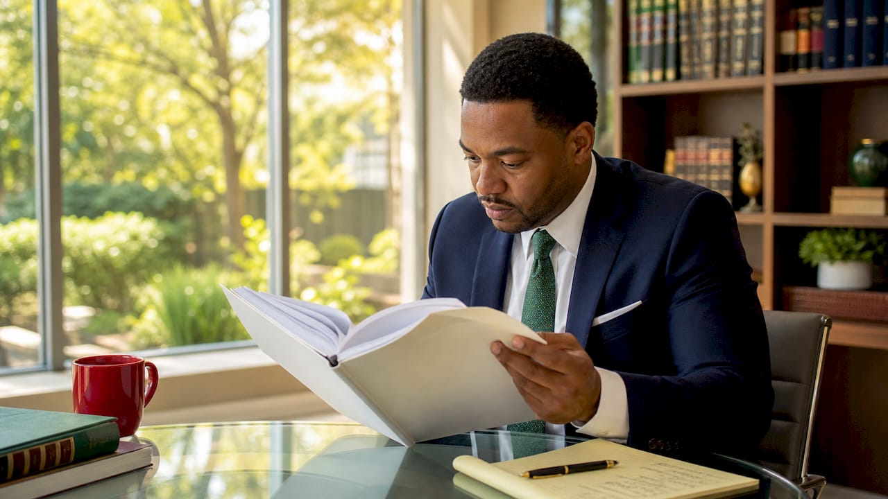 Hands reviewing legal claim documents at conference table