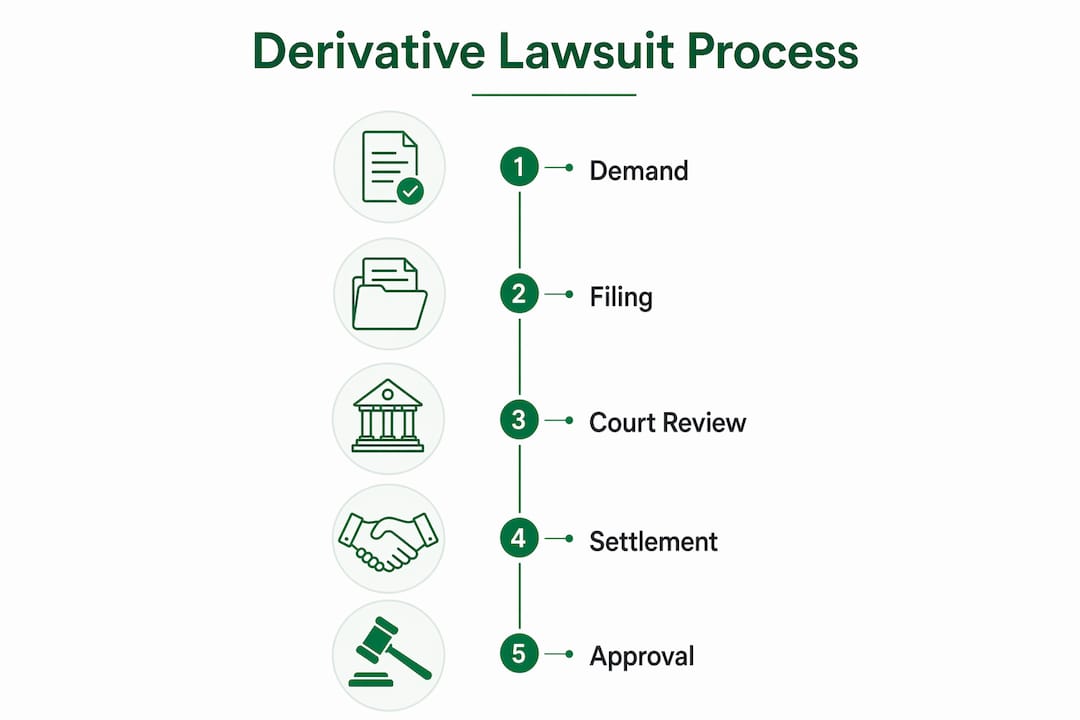 Infographic illustrating derivative lawsuit procedural steps