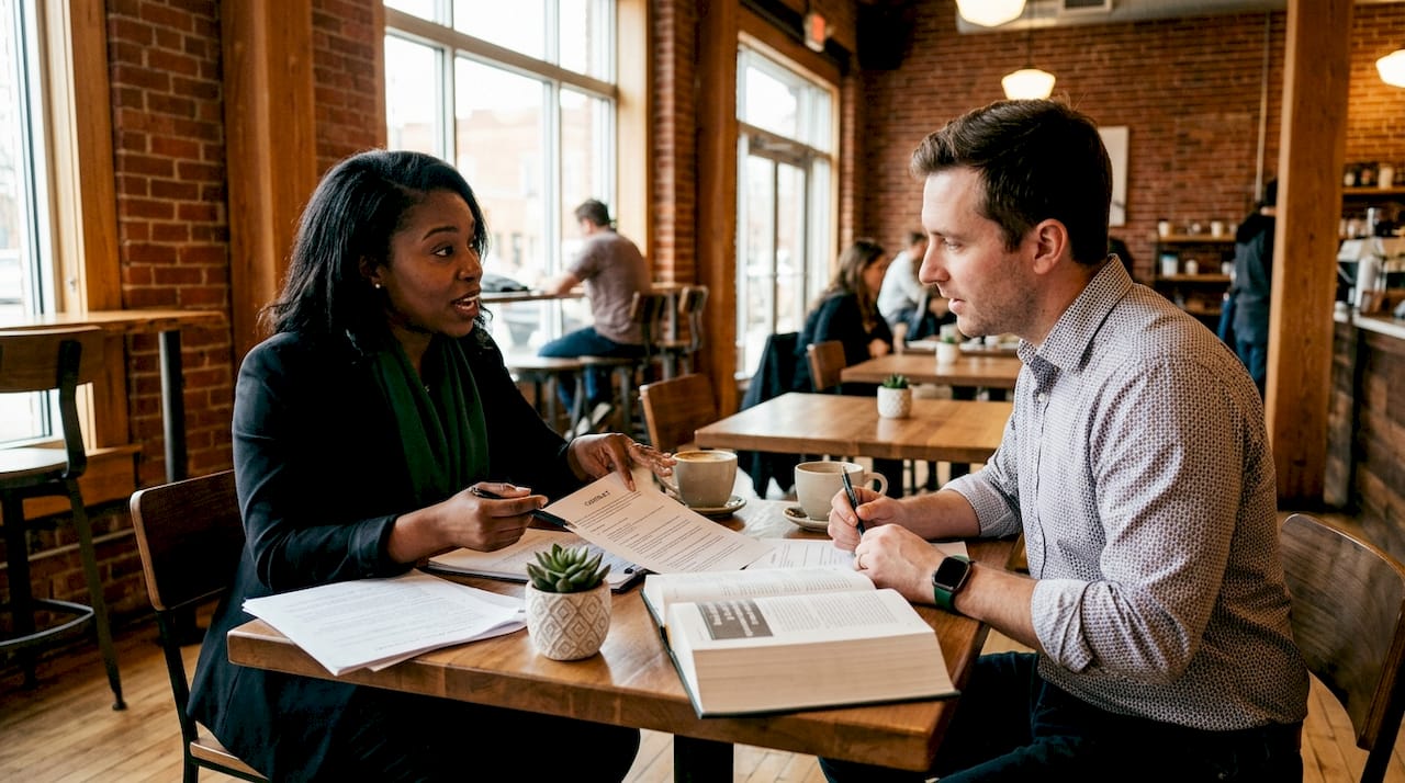 Two professionals discussing legal documents at table