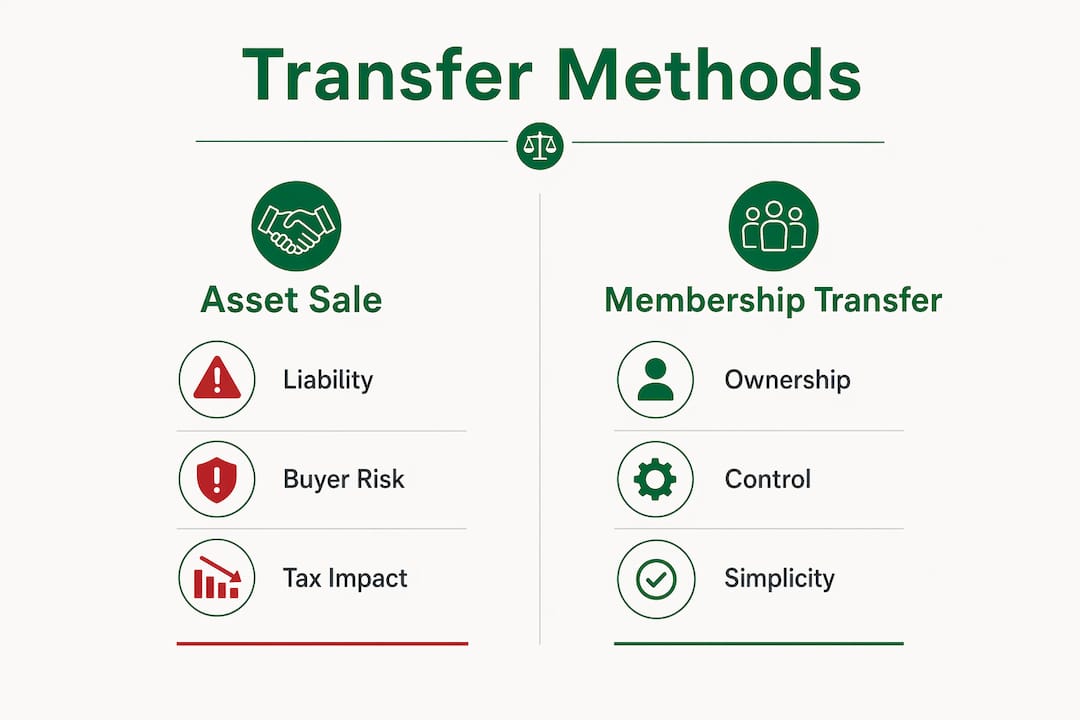 Infographic comparing asset sale and membership transfer methods