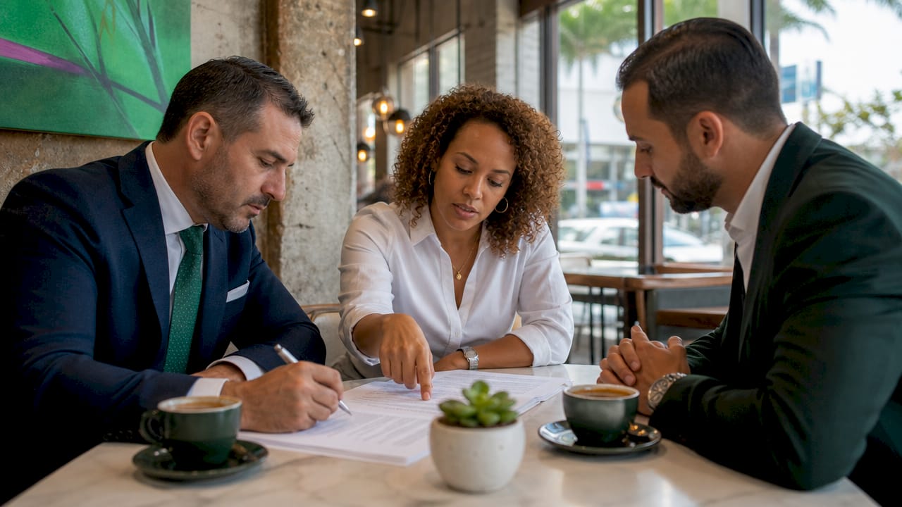 Business owners consulting attorney on contracts