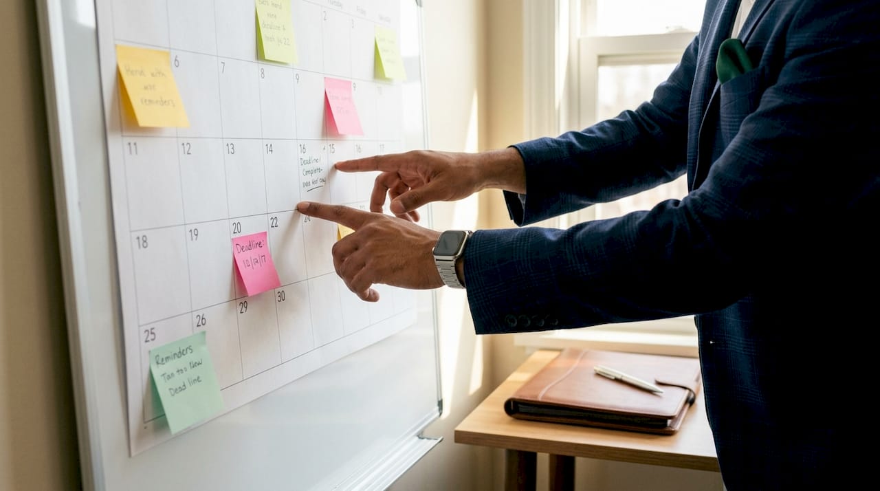 Hands pointing at deadline dates on calendar