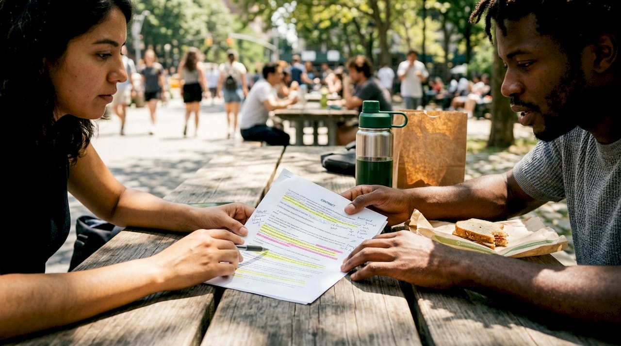 Hands reviewing contract documents in cafe
