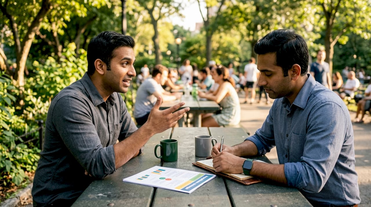 Two men discussing negotiation strategies