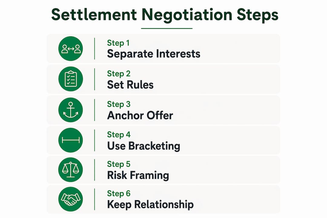 Infographic depicting six steps in settlement negotiation
