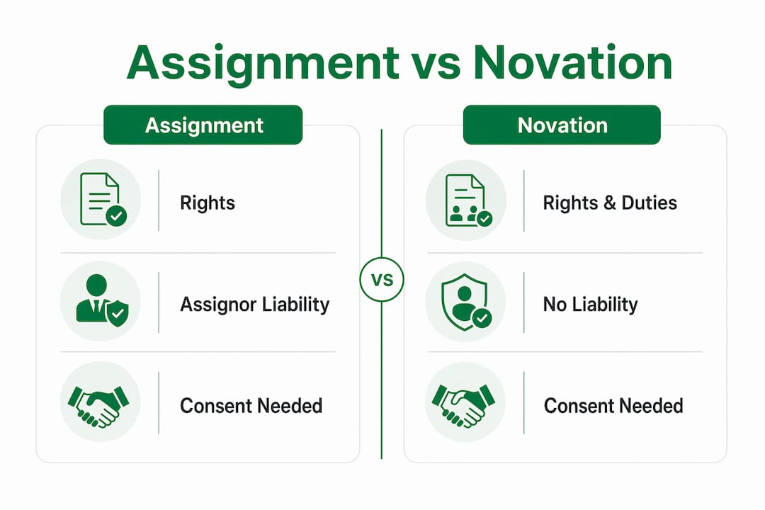 Infographic comparing contract assignment and novation concepts