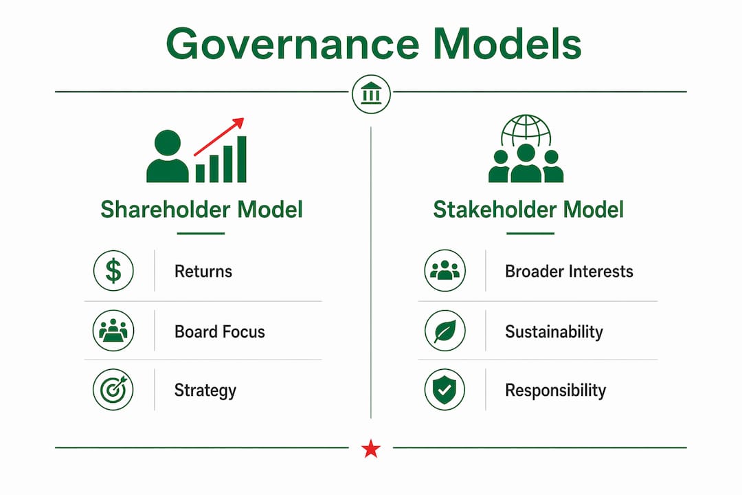 Infographic comparing shareholder and stakeholder governance models