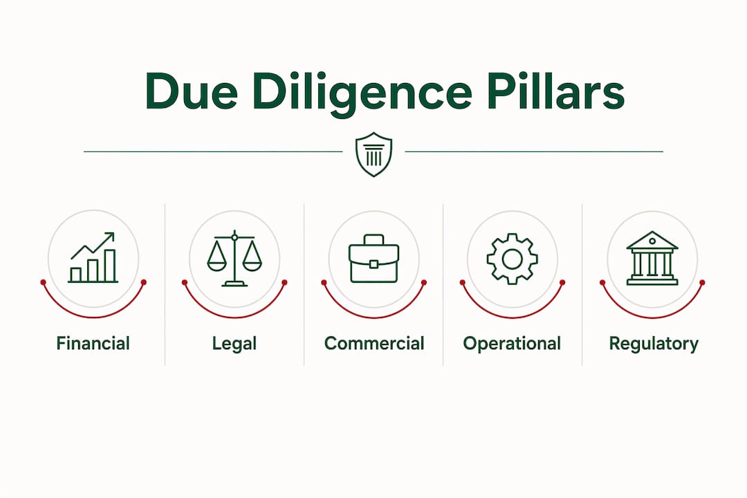 Infographic depicting five core pillars of business due diligence