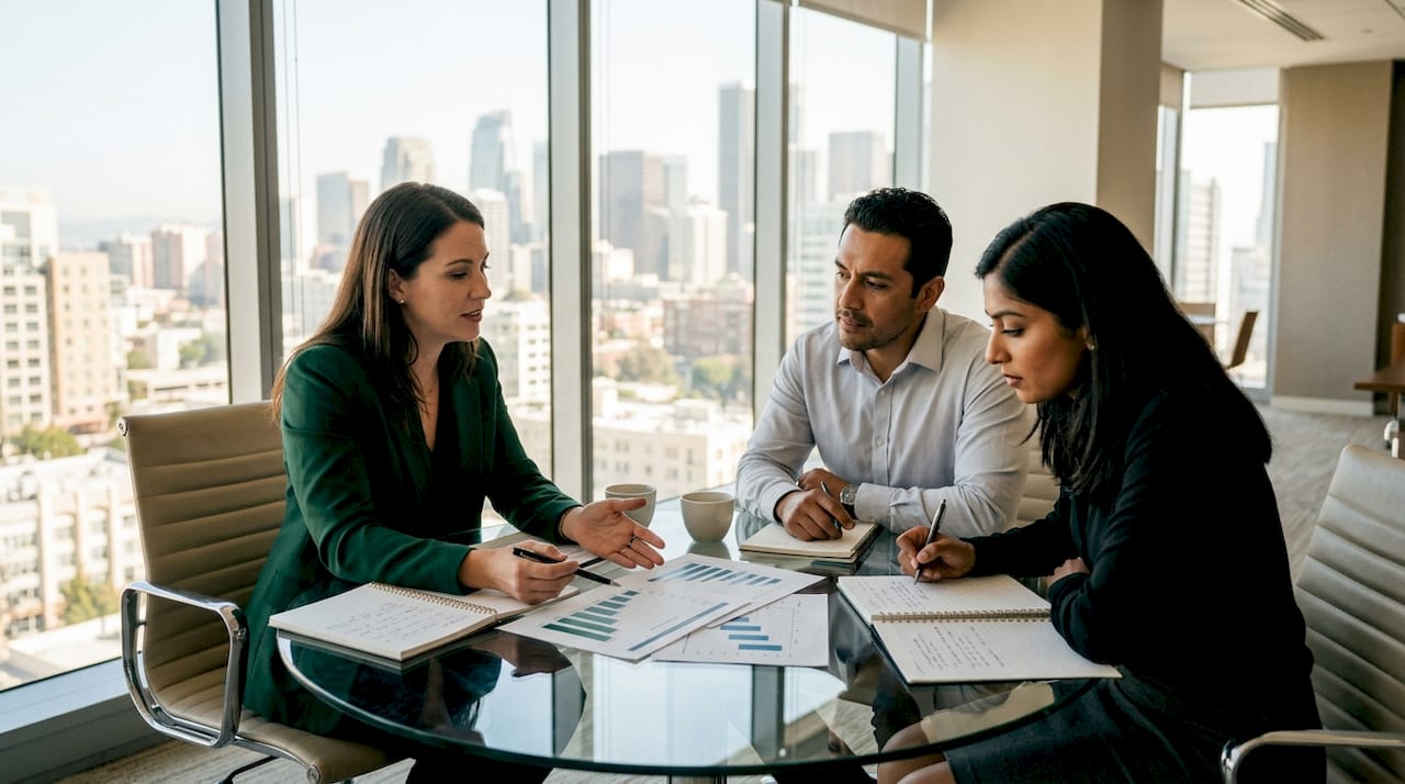 Team discussing due diligence documents in meeting