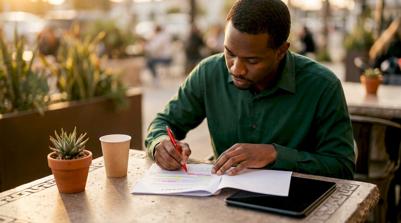Close-up hands reviewing payment terms contract