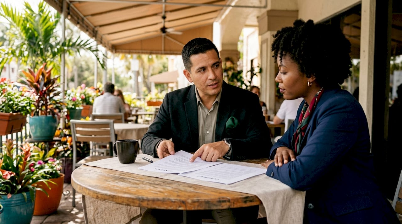 Two professionals discussing contract elements
