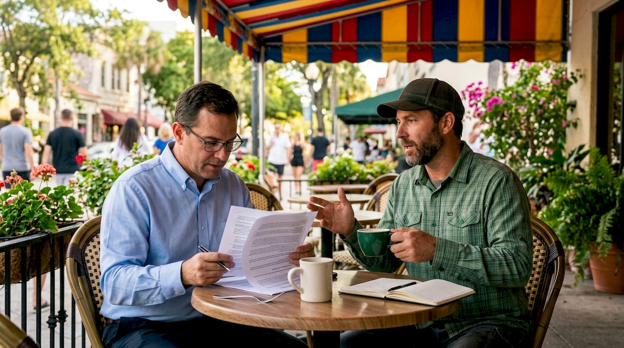 Contractor and owner discussing billing dispute outdoors