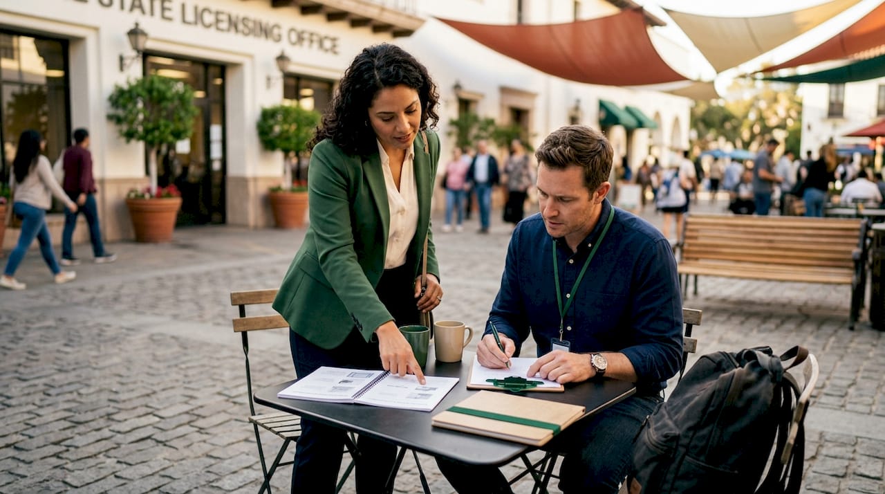 Business owners consulting state licensing office