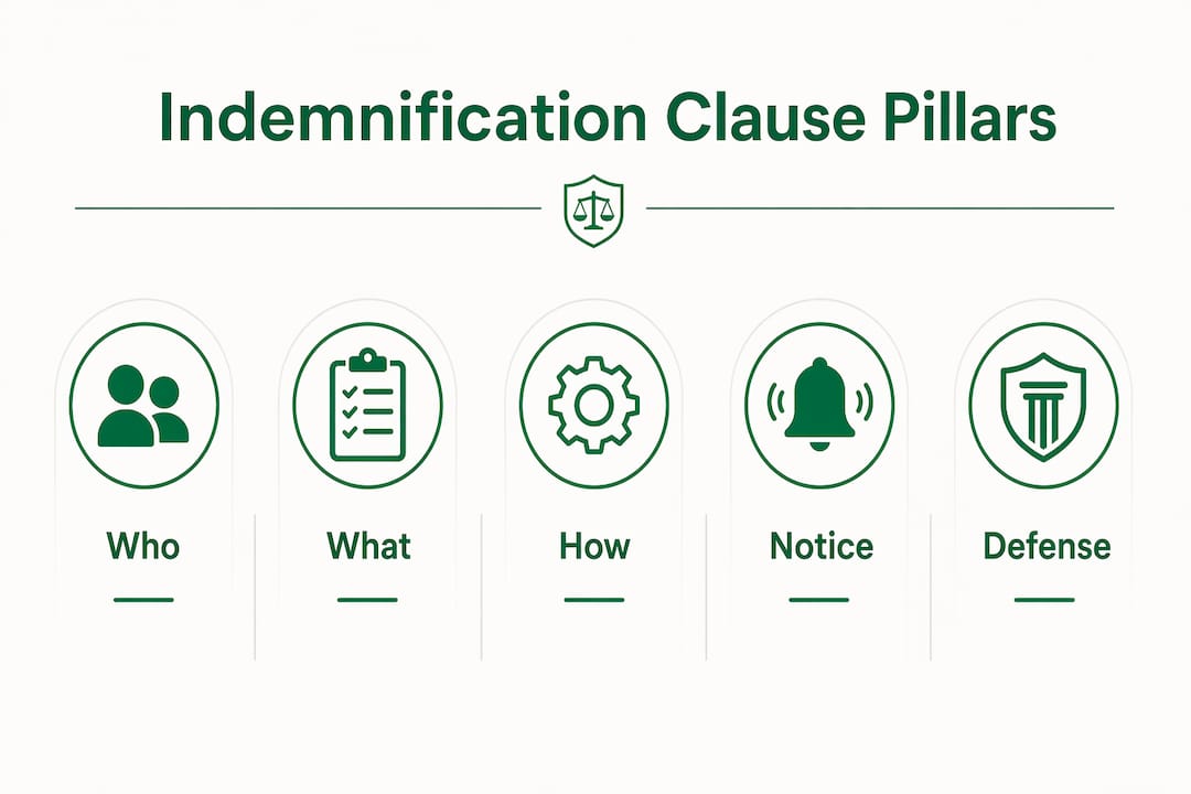 Infographic of key indemnification clause components in flow