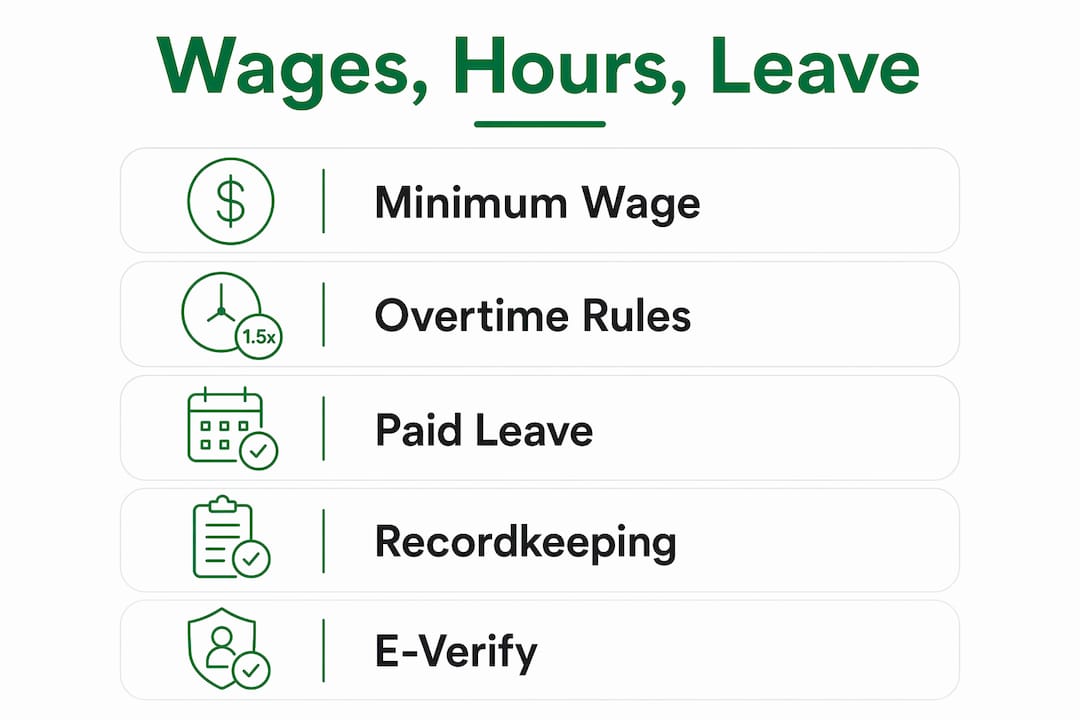 Infographic illustrating Florida wage, hour, and leave responsibilities